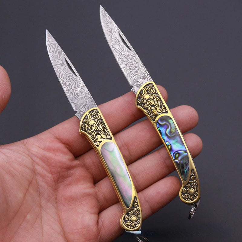 Principessa Pesca Handmade Shell Inlaid Folding Knife High Quality Sharp Brass Portable Keychain Mini Knife