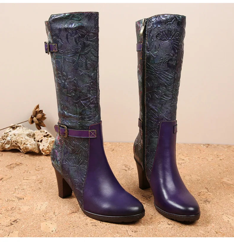 Purple Embossed Dragonfly Genuine Leather Long Boots