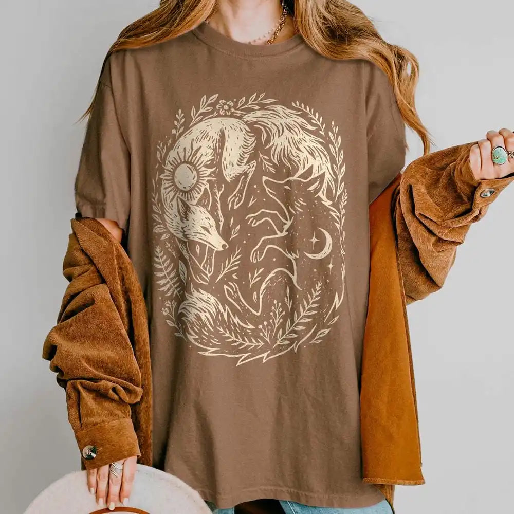 Fox Yin Yang Sun Moon T-shirt Mystical Animal Naturecore Tee Dark Academia