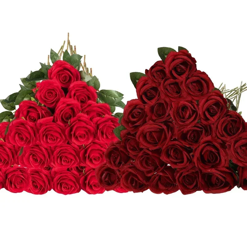 50 Pcs Velvet Roses Artificial Flowers Real Touch Fake Roses Valentine's DIY Wedding Bouquet Home Decor