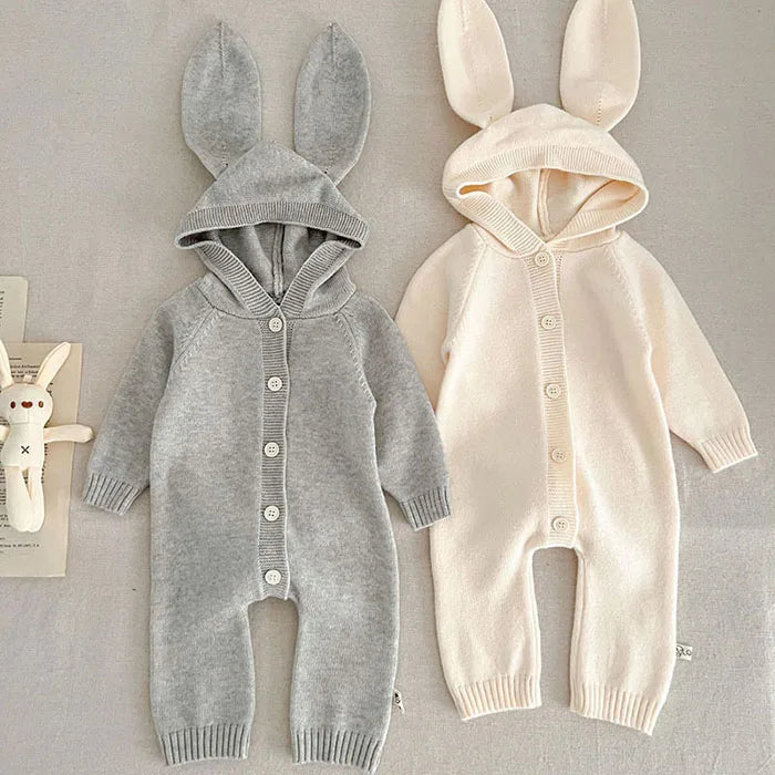 Baby and Toddler Knitted Romper Bear Bunny Ear Hooded Jumpsuits for Boys Girls