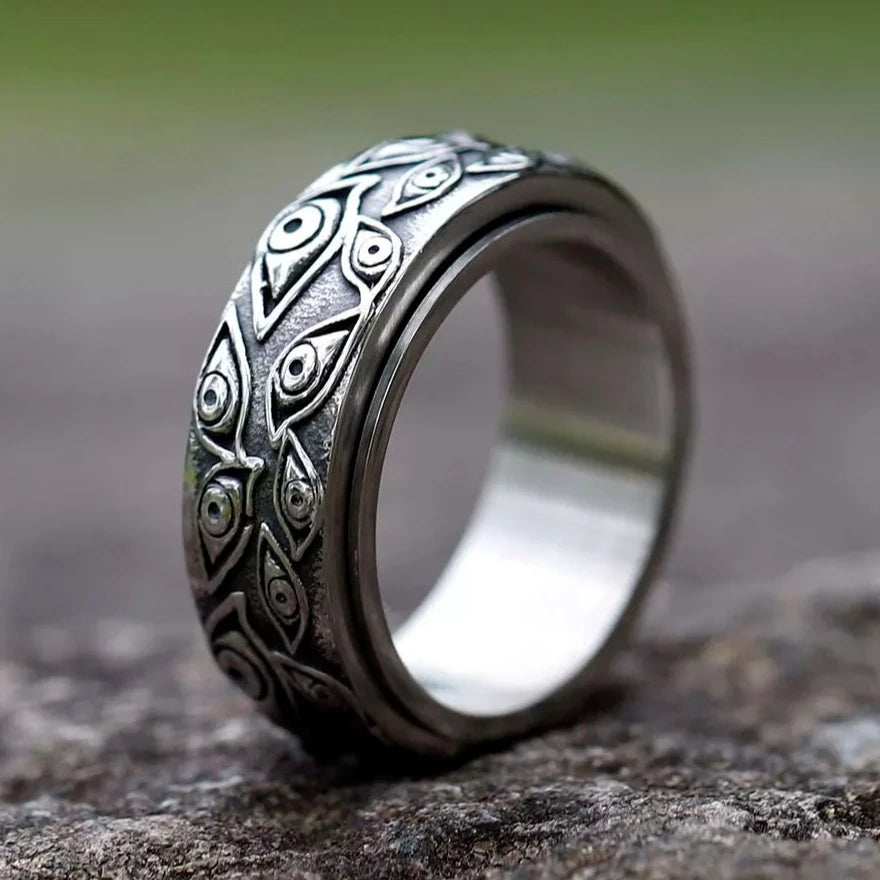Japanese Mythology Carved Eyes Stainless Steel Rotatable Ring Anxiety Fidget Turning Ring