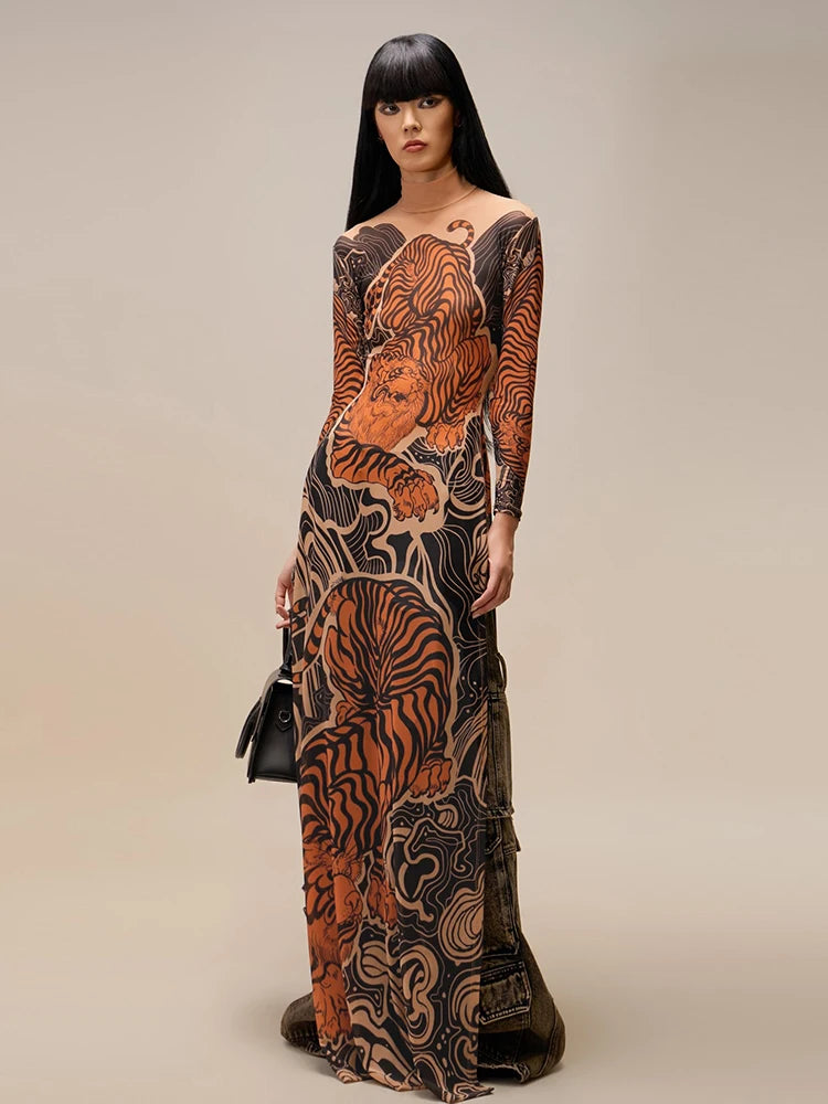 Tiger Print Mesh Dress Long Top Waist High Splits High Elasticity