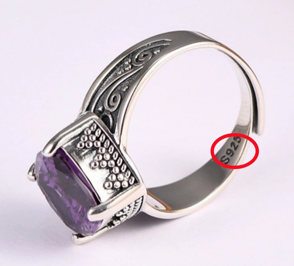 Token of the Wyverns S925 Sterling Silver Ring Ancient Pattern Rhombus Purple Zircon