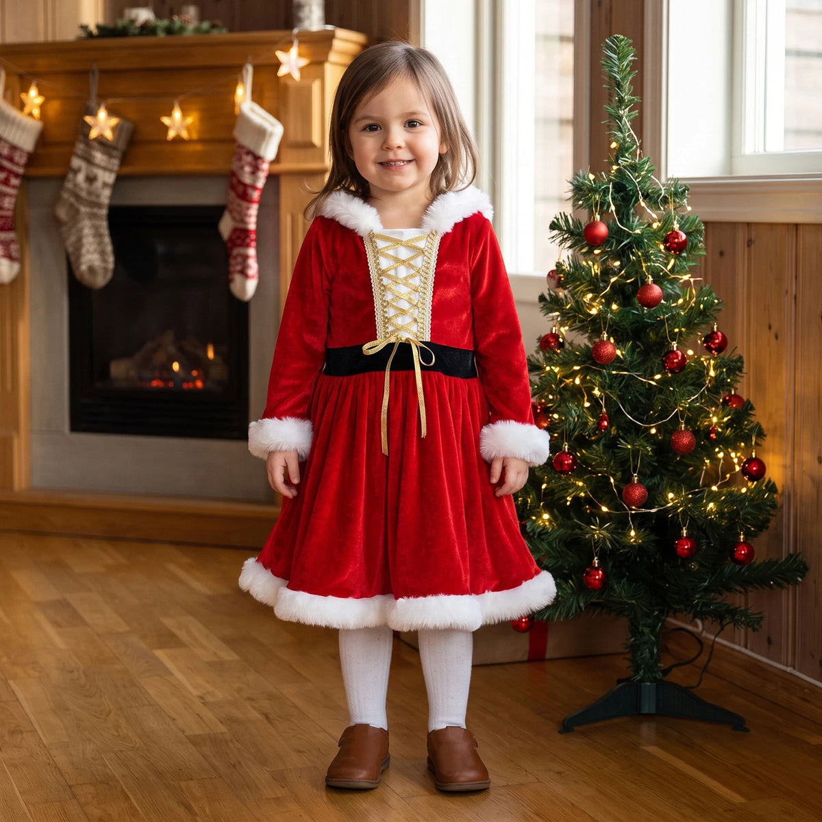 Girl Christmas Hood Dress 1-6Y Toddler Long Sleeves Cross Tie Winter Party Dress