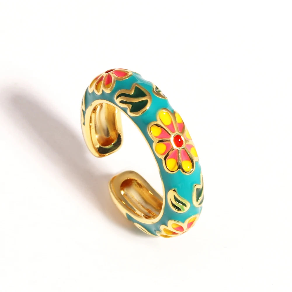 Vintage Boho Colourful Enamel Flower Rings