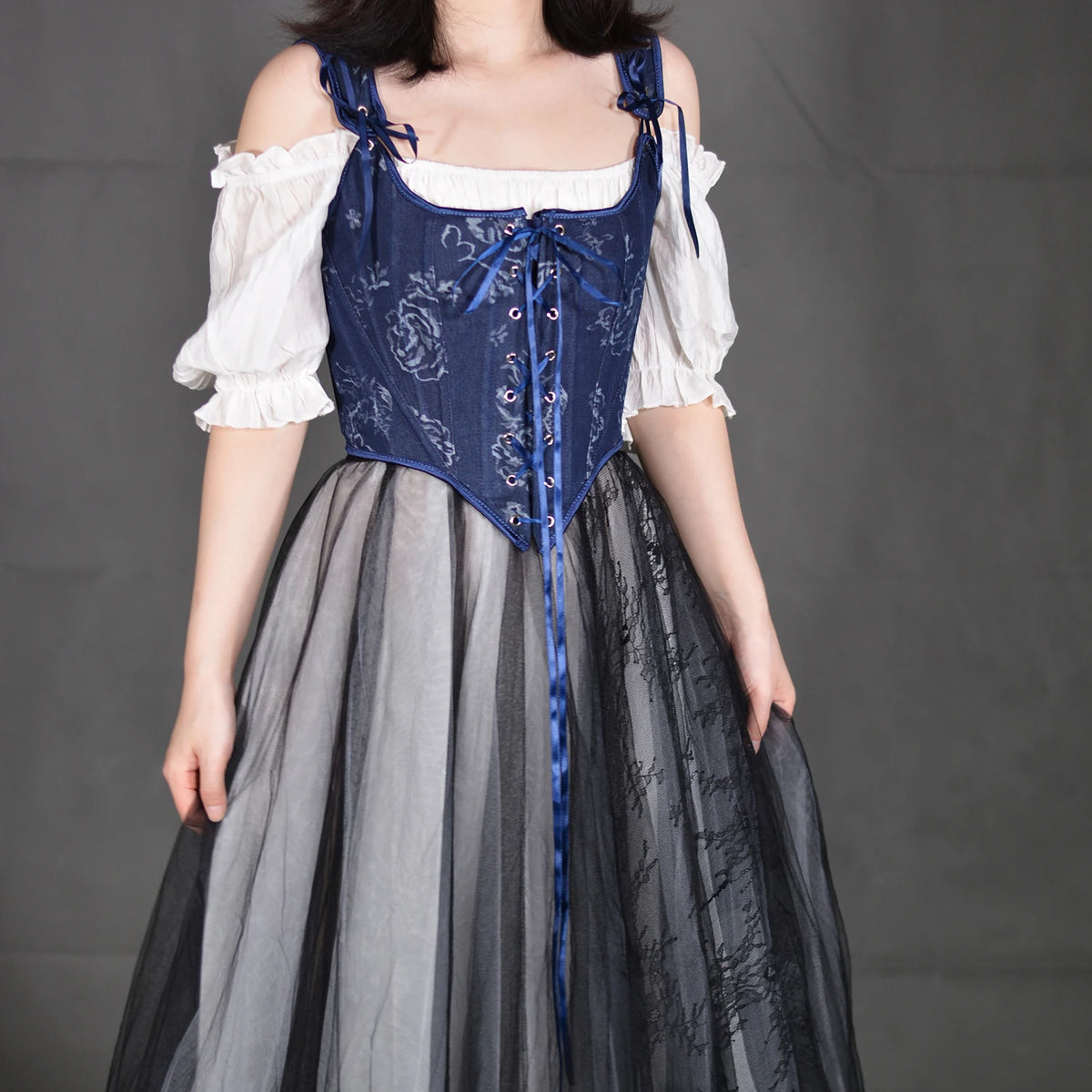 Blue Rose French Renaissance Corset Tops Lace-up Overbust Corset