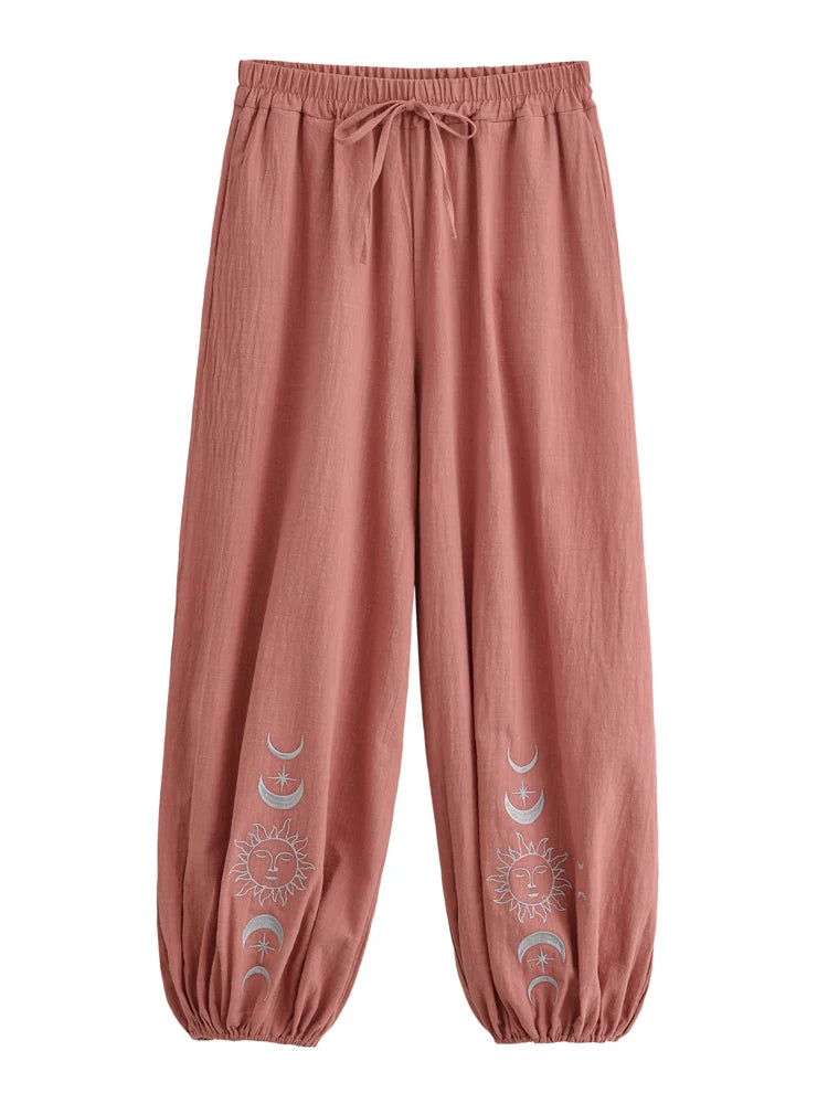 Sun Moon Embroidered Linen Cotton Baggy Pants Side Pockets Loose Yoga Wear