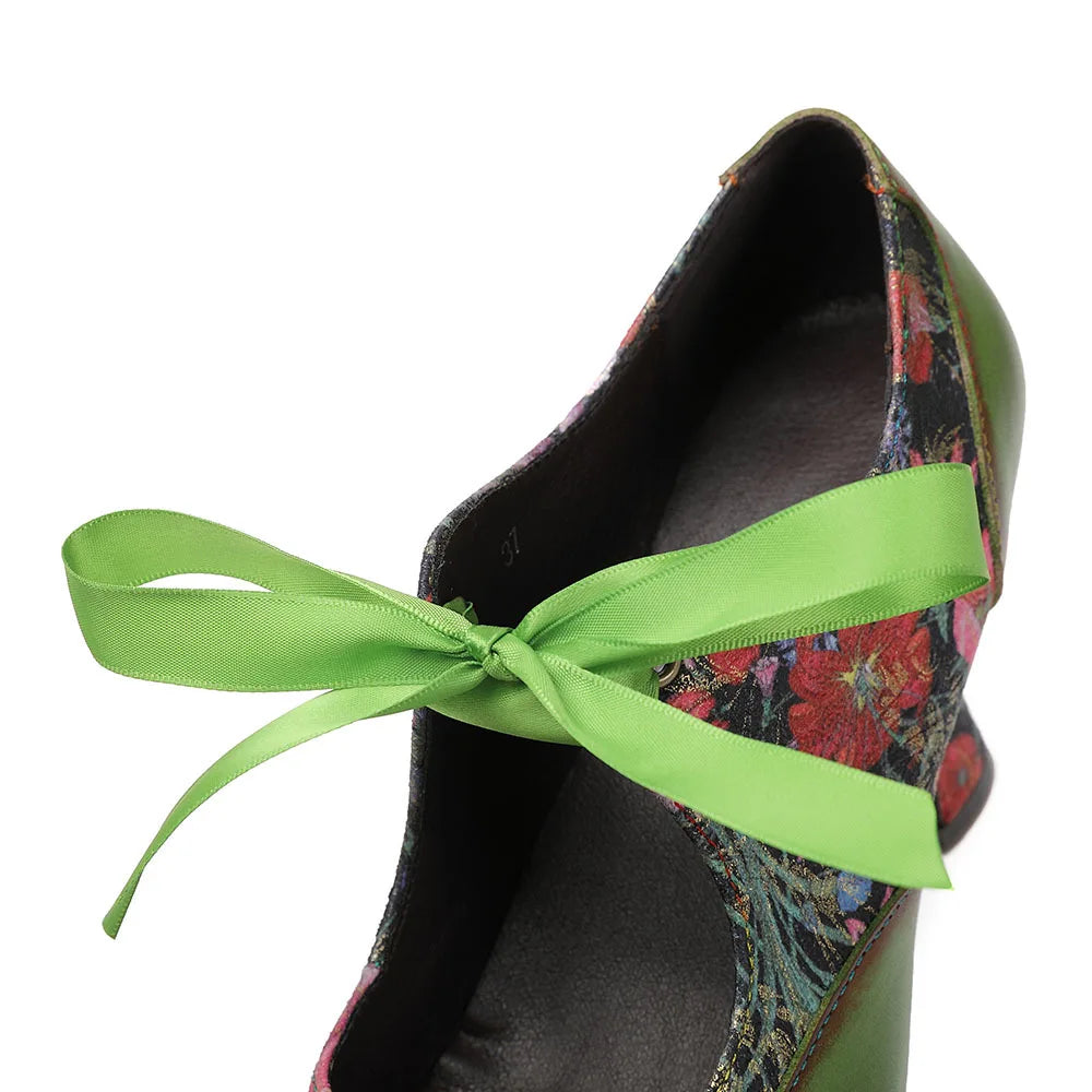Sarah's Genuine Leather Green Pumps Heels Ribbon Lace Tie Shoes
