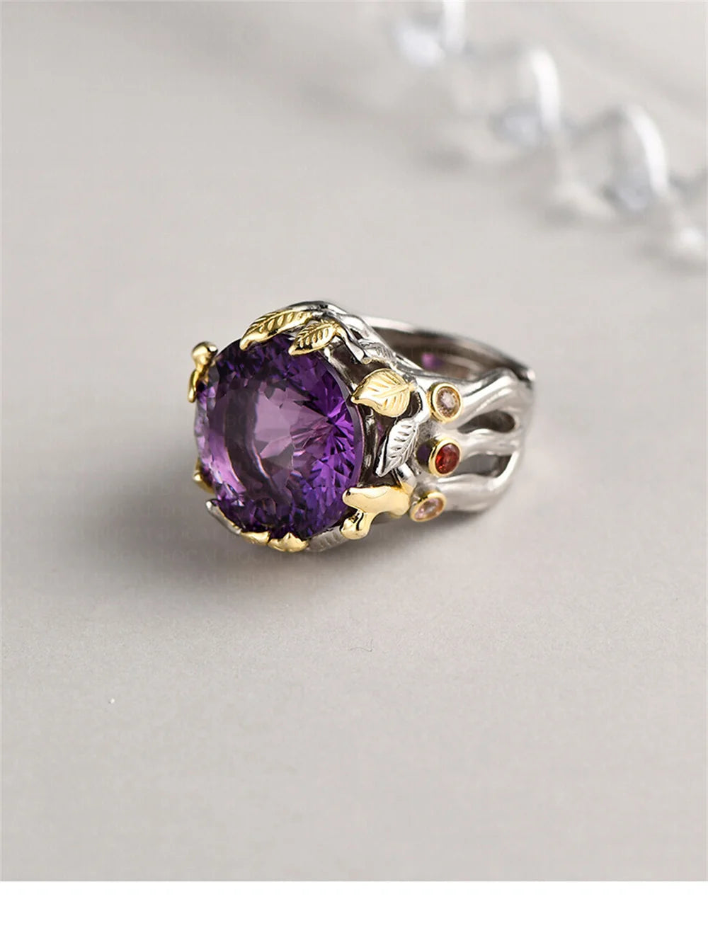 The Weaver's Treasures S925 Sterling Silver Rings Golden Leaves Natural Amethyst Tourmaline