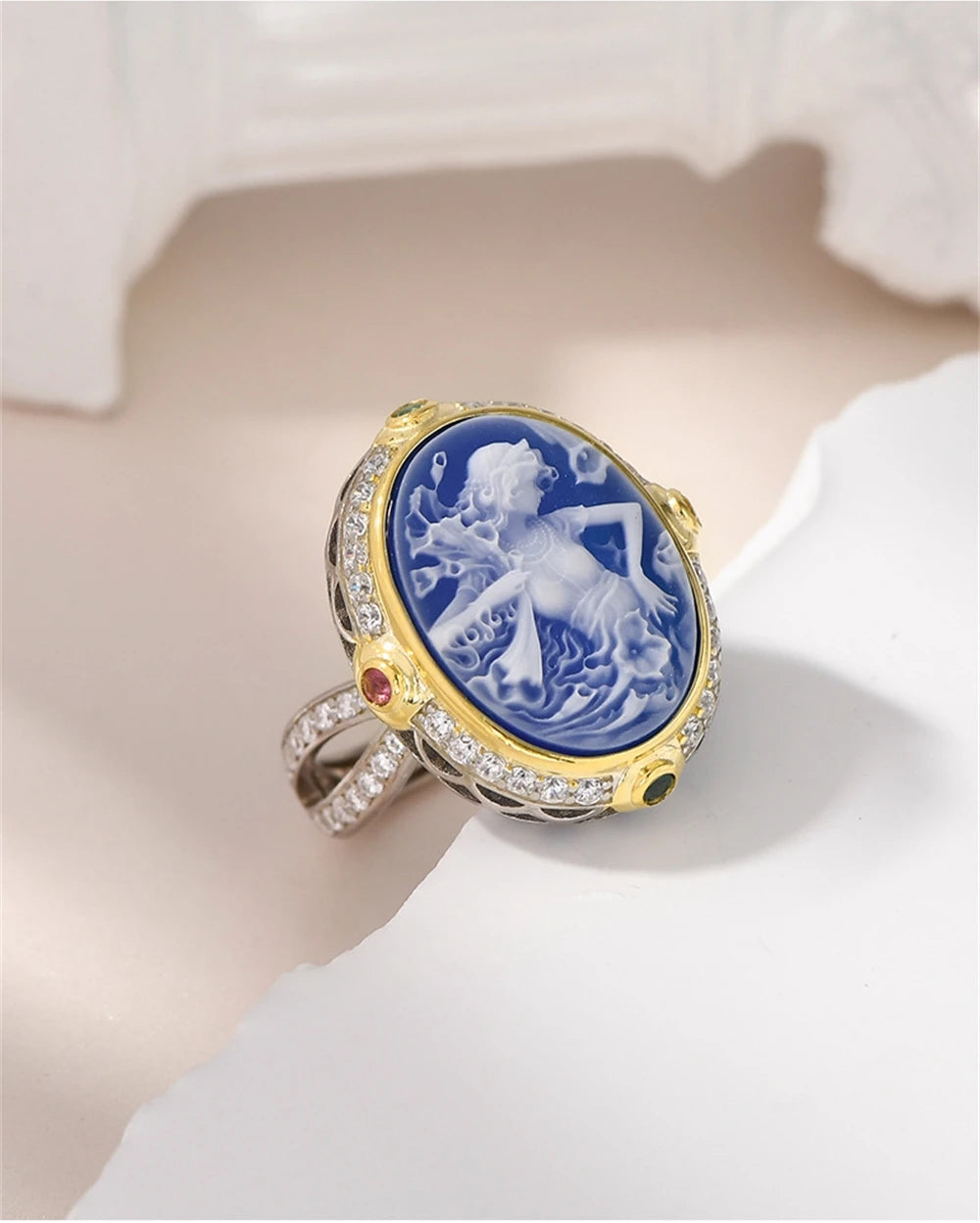 La Belladonna Wraith S925 Sterling Silver Rings Blue Agate White Shell Full Zircon Portrait Jewellery