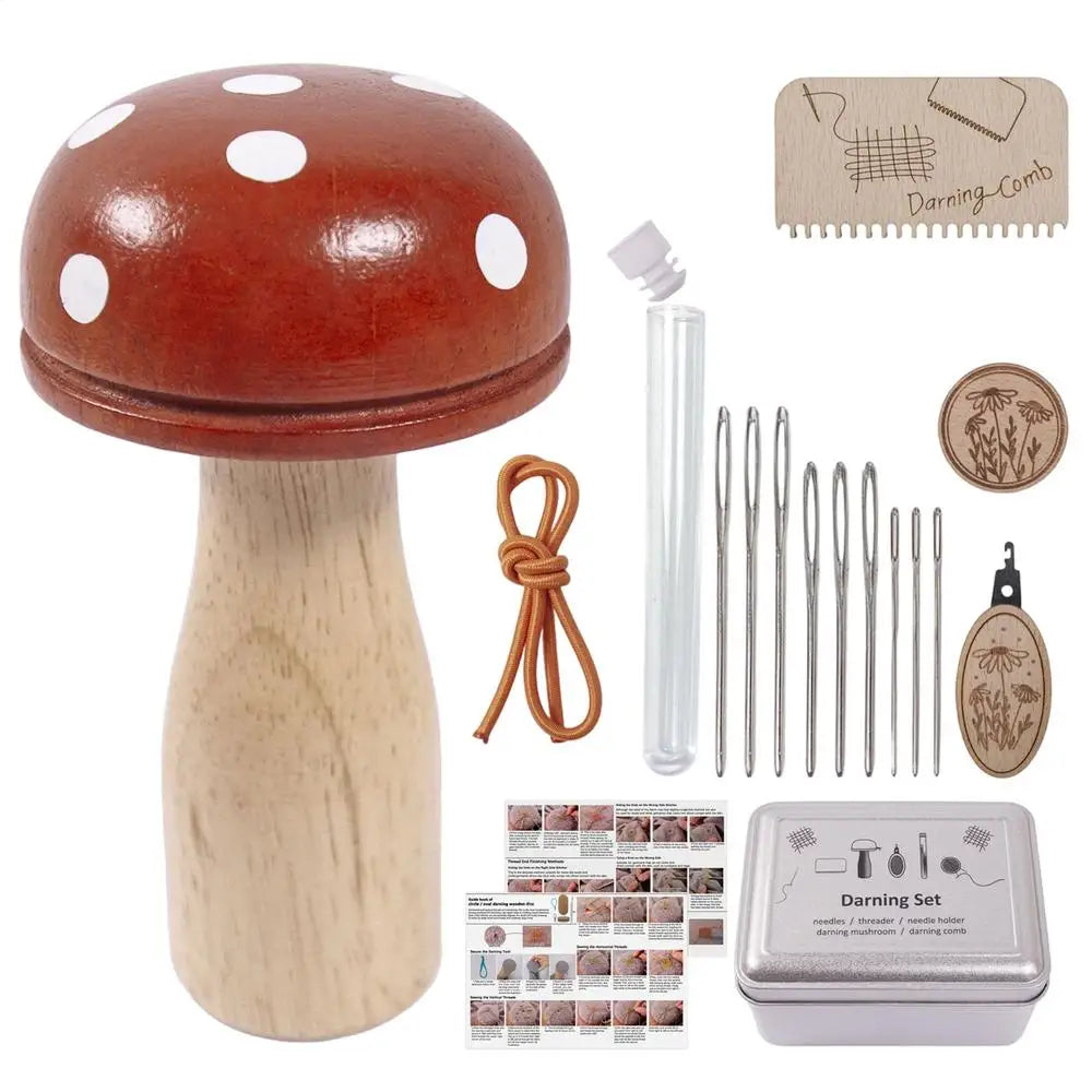 Wooden Mushroom Darning Kit Loom Complete Craft Supplies Sock Repair Kit Mending Tool For Embroidery DIY Crafts Clothes Fabric