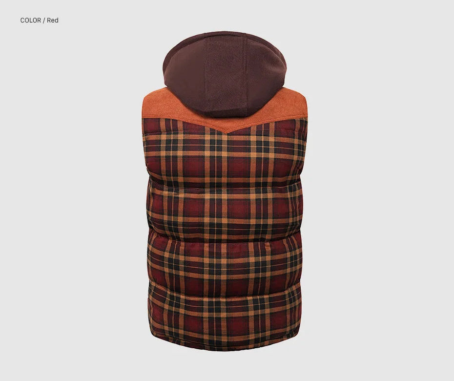 Woodsman Cotton Plaid Hooded Puffer Vest Jacket Thick Warm Winter Plaid Sleeveless Coat