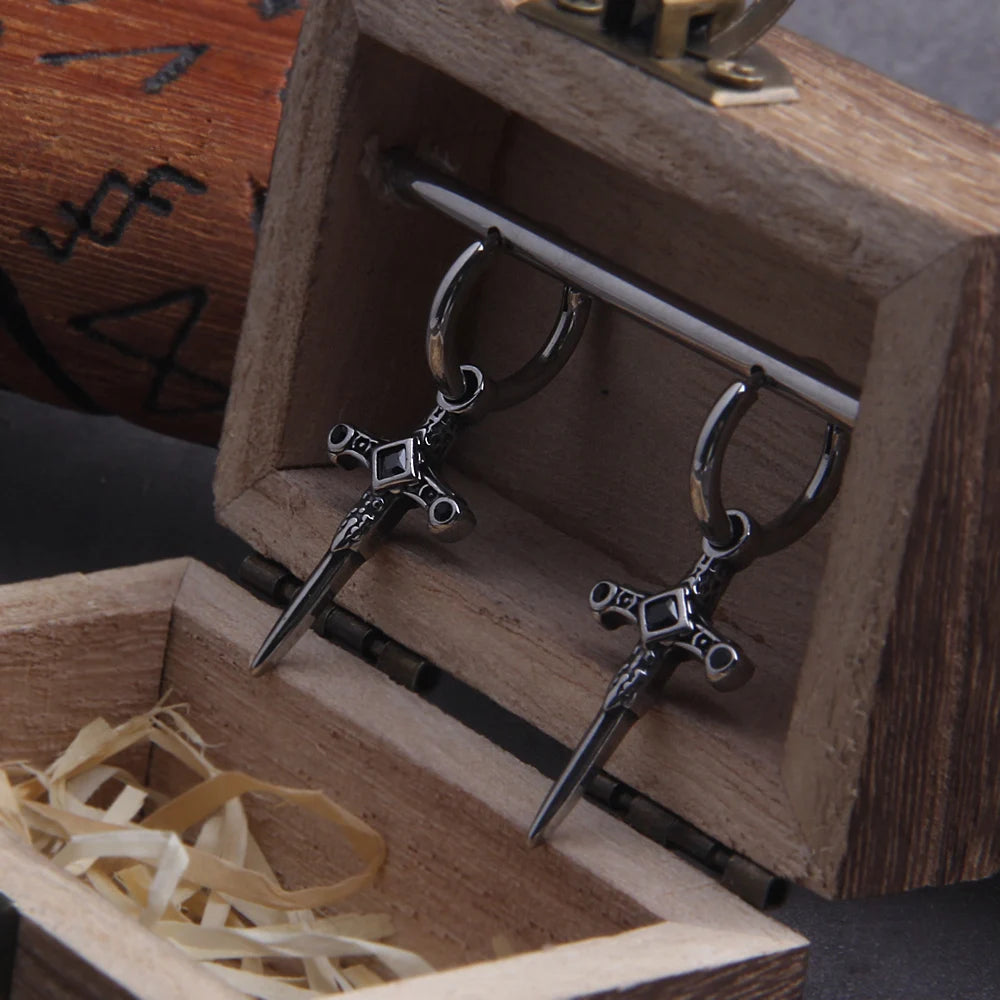 Gothic Dagger Sword Stainless Steel Huggie Hoop Earrings for Men with Wooden Box