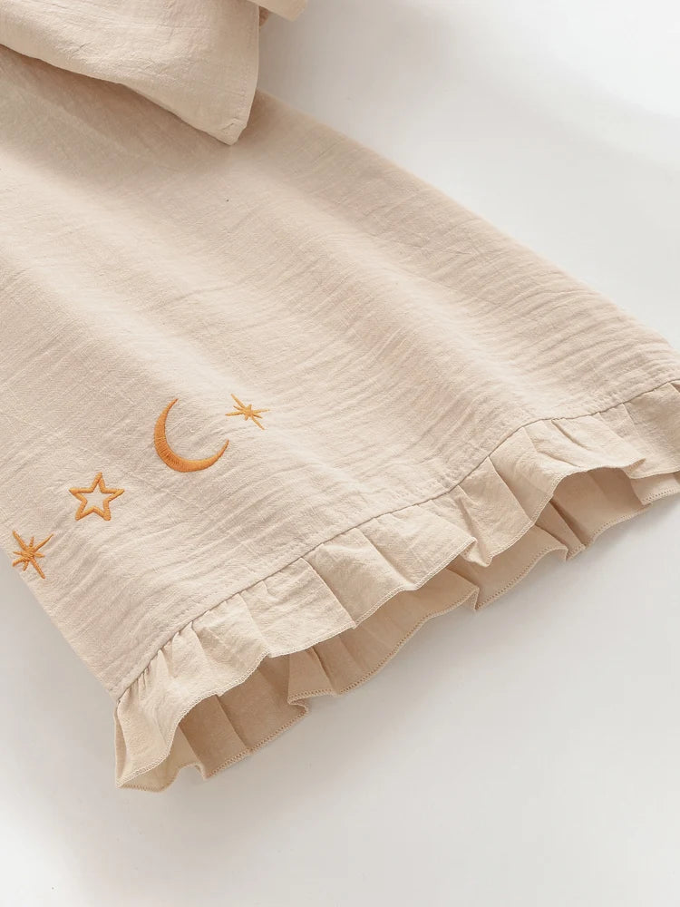 Boho Star Moon Embroidered Short Kimono Wrap Top Ruffled Flare Sleeves Cover-ups