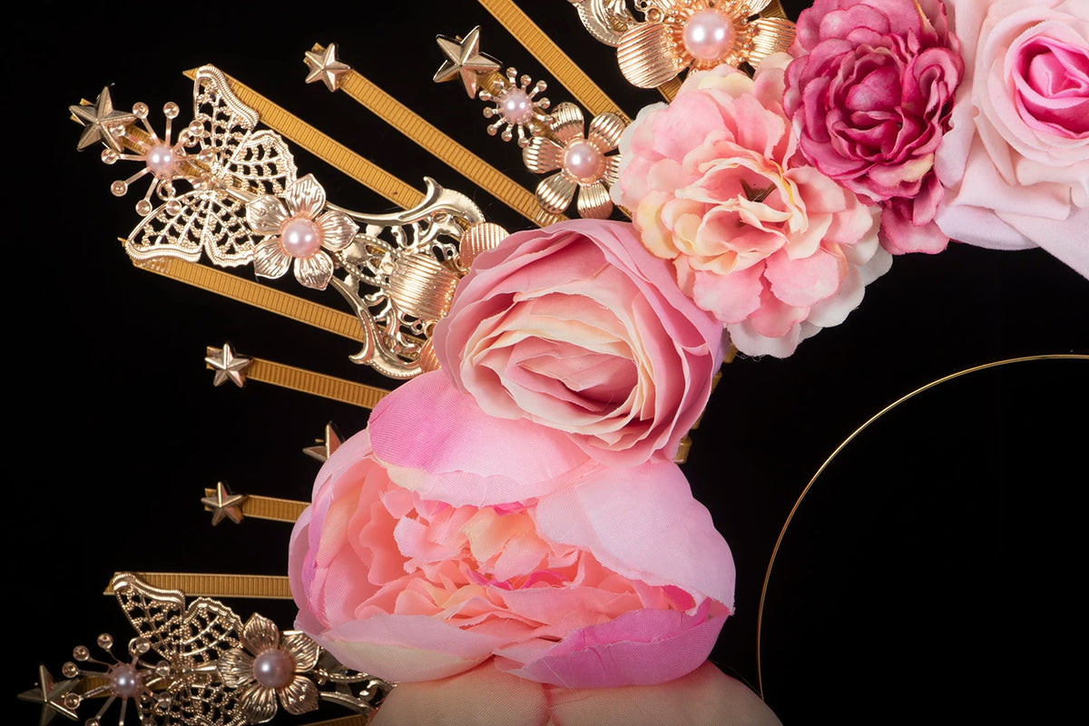Pink Rose Pearls Sun Crown Headpiece Gothic Goddess Halo Headband