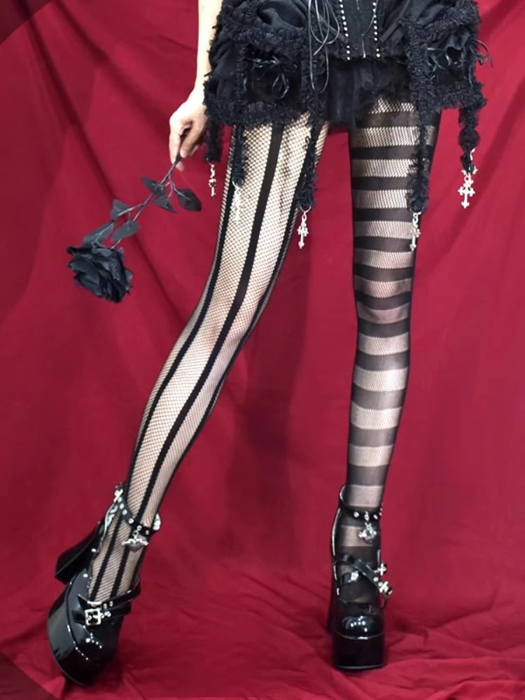 Gothic Dark Punk Pantyhose Goth Lolita Striped AB Asymmetric Fishnet Tights