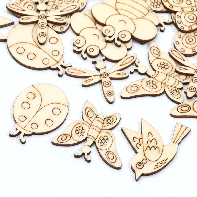 20pcs Mix Ladybug/Bee/Bird/Butterfly Wooden Embellishments Wood DIY Crafts Scrapbooking