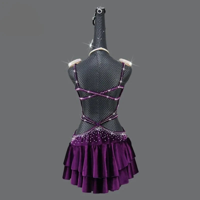Purple Velvet Latin Dance Competition Bustle Dress Line Skirts Stage Costume