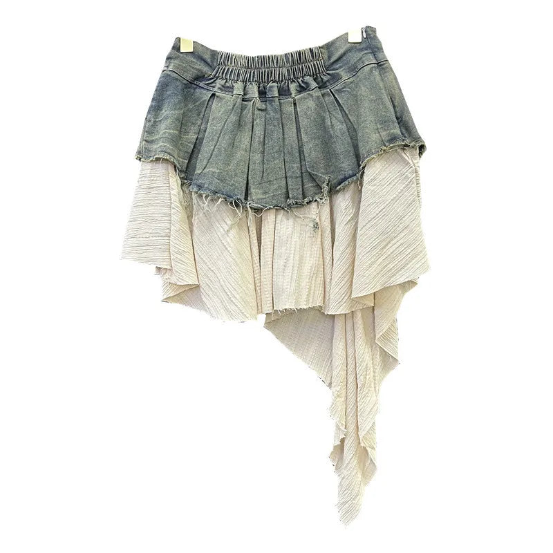 Spliced Denim Pleated Skirt
