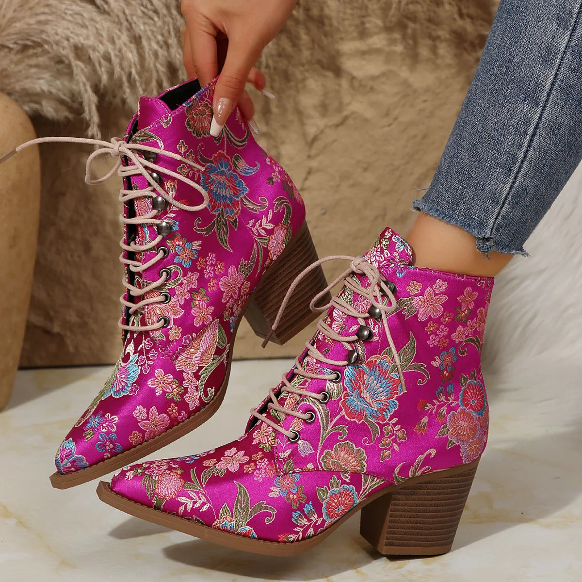 New Marie Antoinette Handmade Embroidered Ankle Boots
