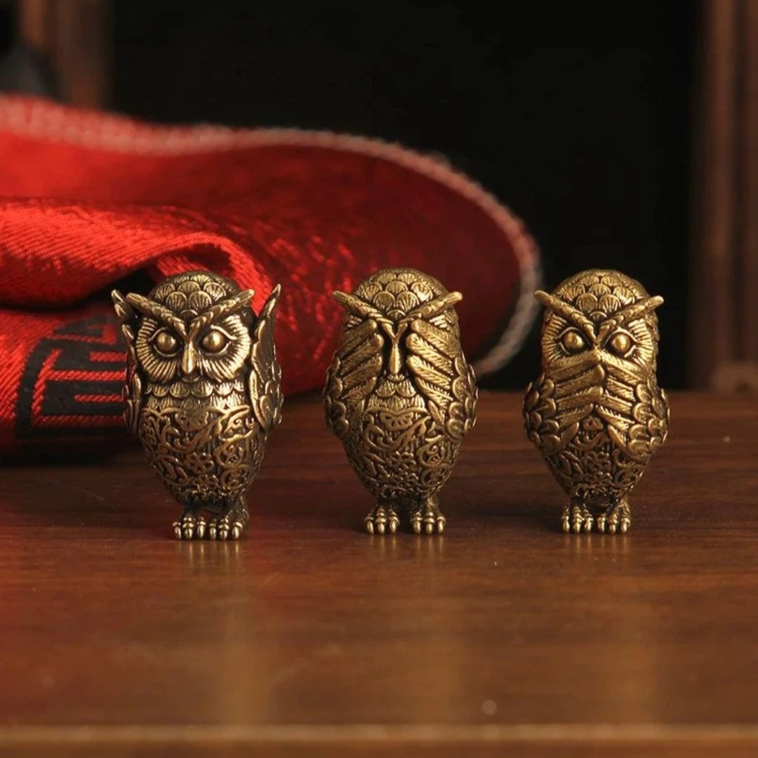 See No Evil, Hear No Evil, Speak No Evil Brass Owl Statues Tea Pets
