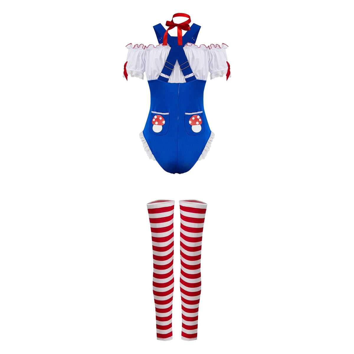 Women Mushroom Costumes Romper Jumpsuit Striped Leg Warmers Hat and Choker Halloween Cosplay Outfit