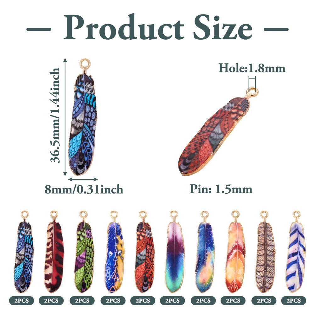 Twenty Printed Feather Charms Pendants for DIY Jewellery Making