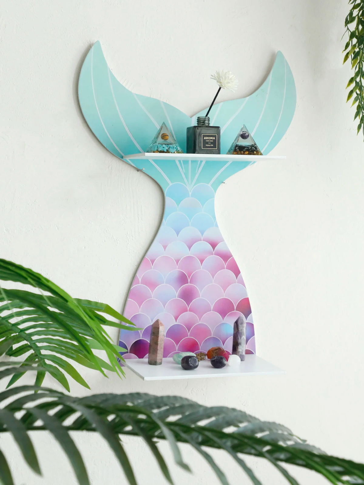 Mermaid Tail Wooden Crystal Shelf Essential Oil Display Floating Wall Shelf