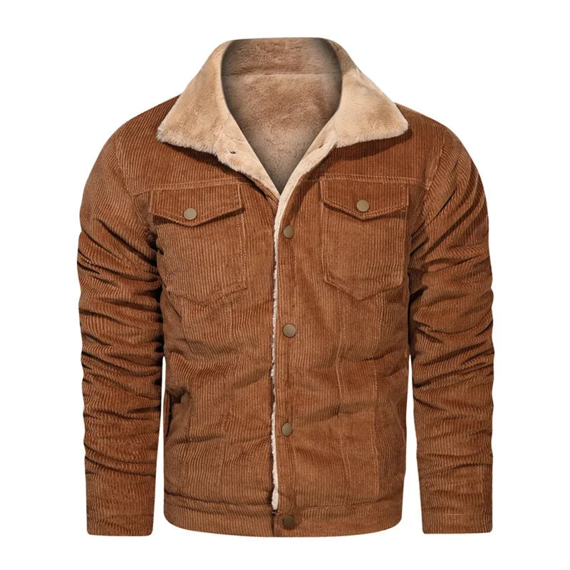 Woodsman Winter Corduroy Jackets Thick Warm Faux Fur Collar Bomber Coat