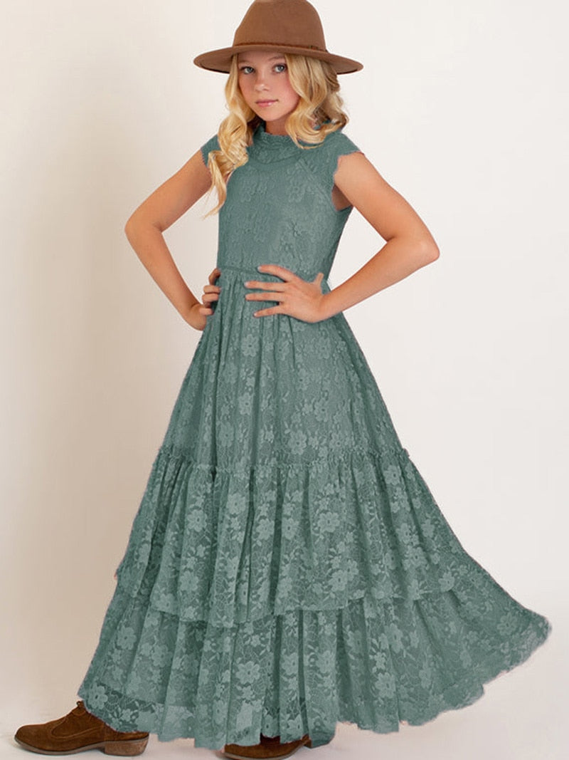 Girls Flower Girl Dress Lace Cotton Maxi Dresses