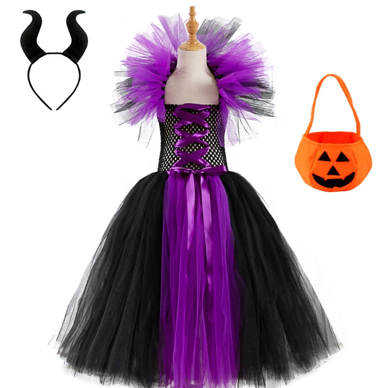Girls Witch Ghost Vampire Halloween Costume Fluffy Tulle Dress