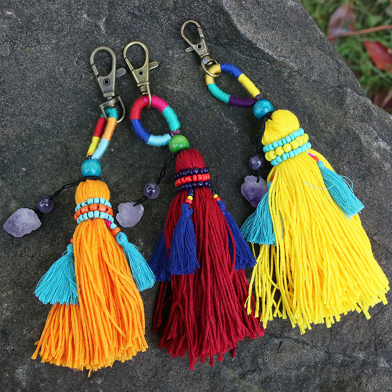 Boho Colourful Crystal and Beading Tassel Keychains Amethysts Purple Crystal Charm Long Tassel Keyrings Hanging Decor