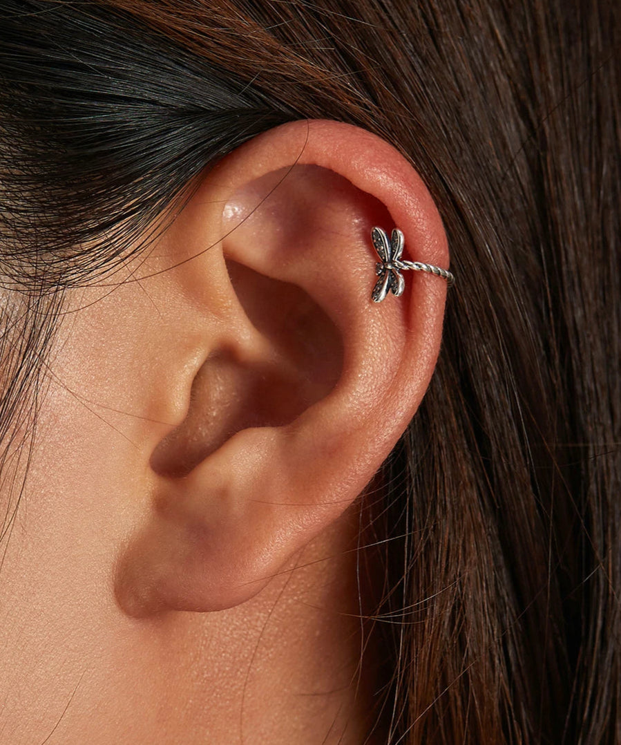 925 Sterling Silver Rose Dragonfly Ear Clips