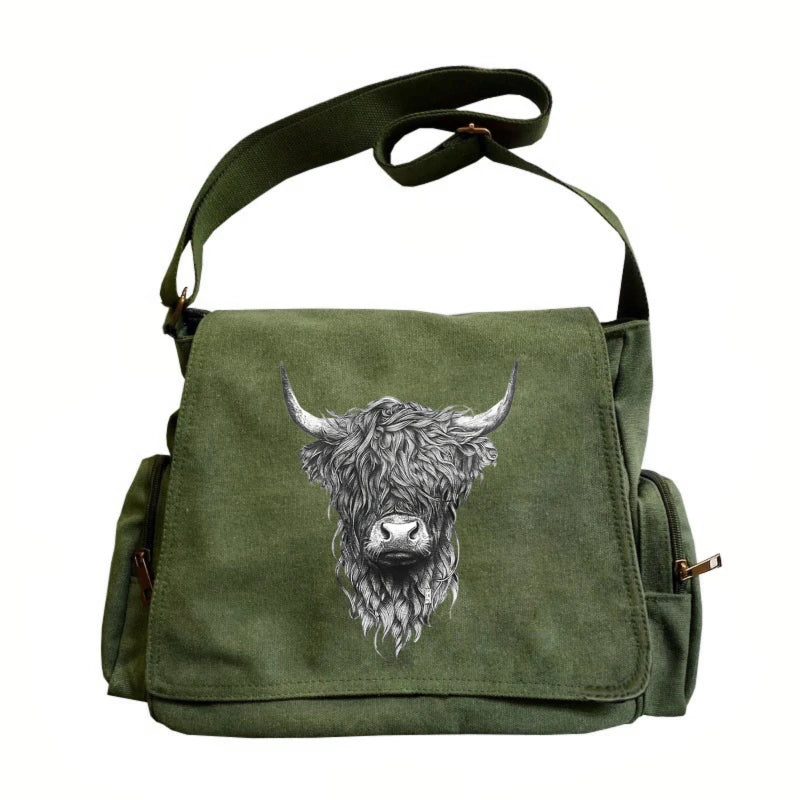 Highland Cow Print Canvas Shoulder Bag Crossbody Messenger Bag