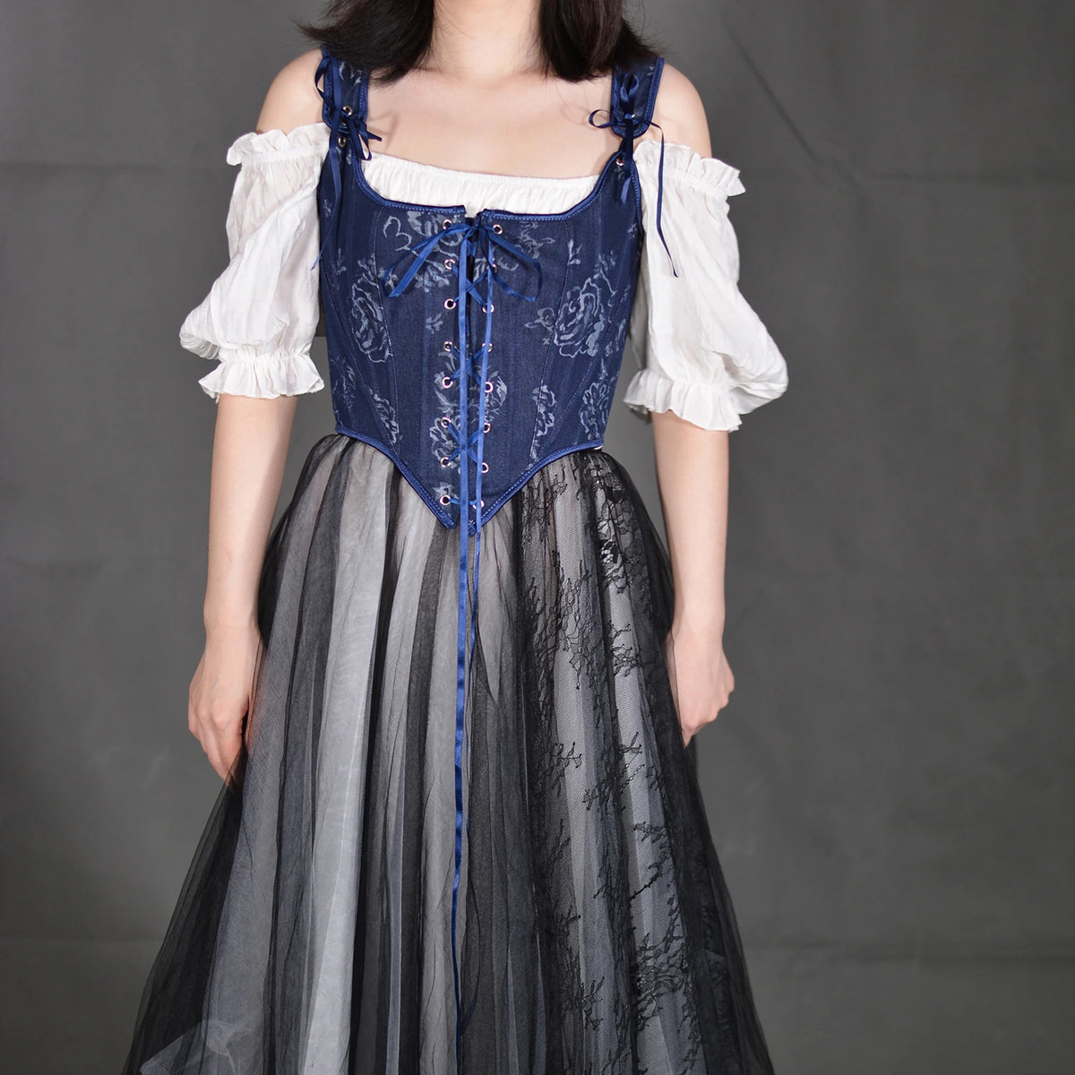 Blue Rose French Renaissance Corset Tops Lace-up Overbust Corset