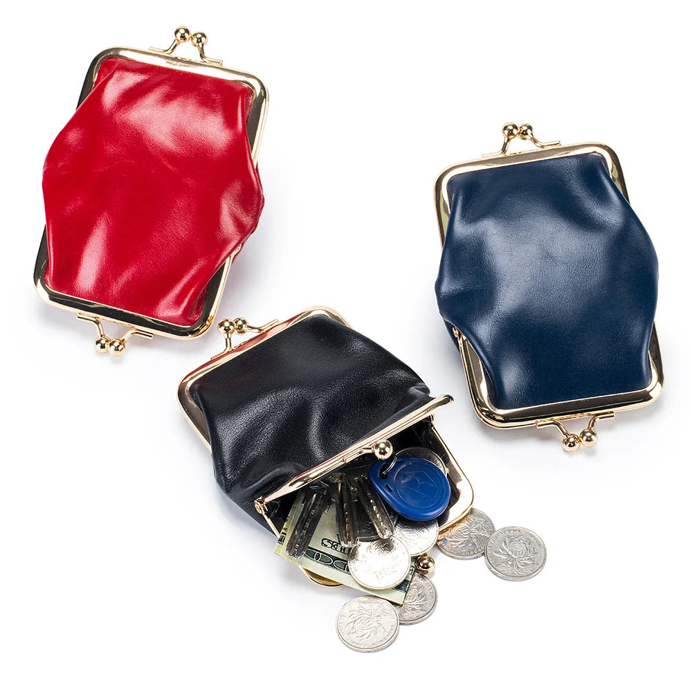 Genuine Leather Double Clamp Coin Purse Small Wallet Bag Pouch