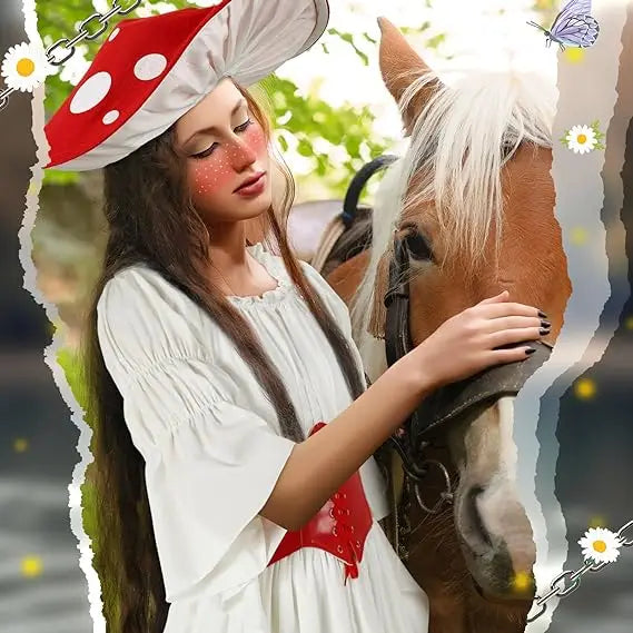 Victorian Mushroom Fairy Costume Hat Cinch Belt Dress Cosplay Halloween Adult Book Week Costume