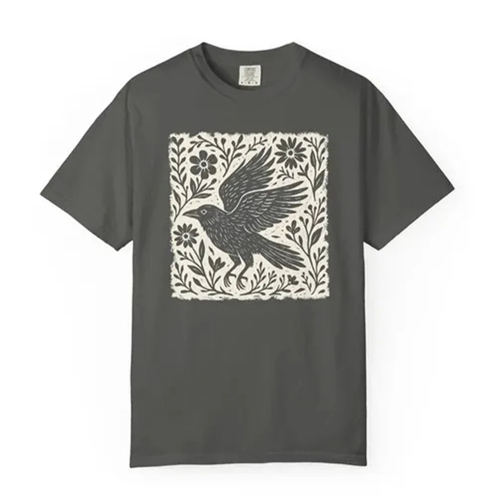 Folklore Crow Lino Print Cotton T-Shirt Folk Art Linocut