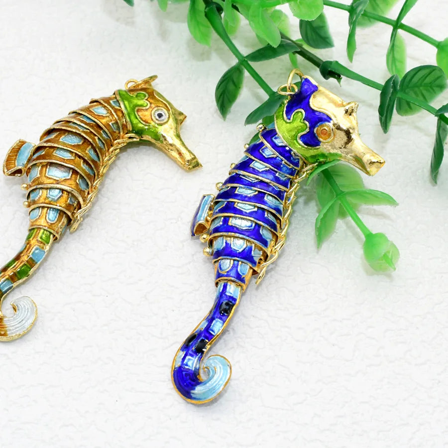One Big 10cm Seahorse Cloisonné Enamel Movable Joint Pendant Charm DIY Jewellery Making