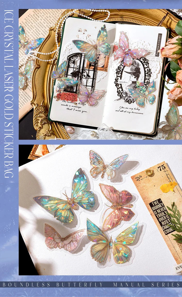 20pcs Ice Crystal Laser Butterfly PET Stickers DIY Scrapbooking Junk Journaling