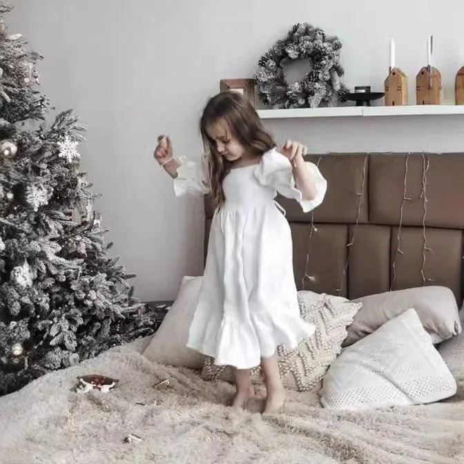 Girls Cotton and Hemp Bubble Sleeve Princess Dress
