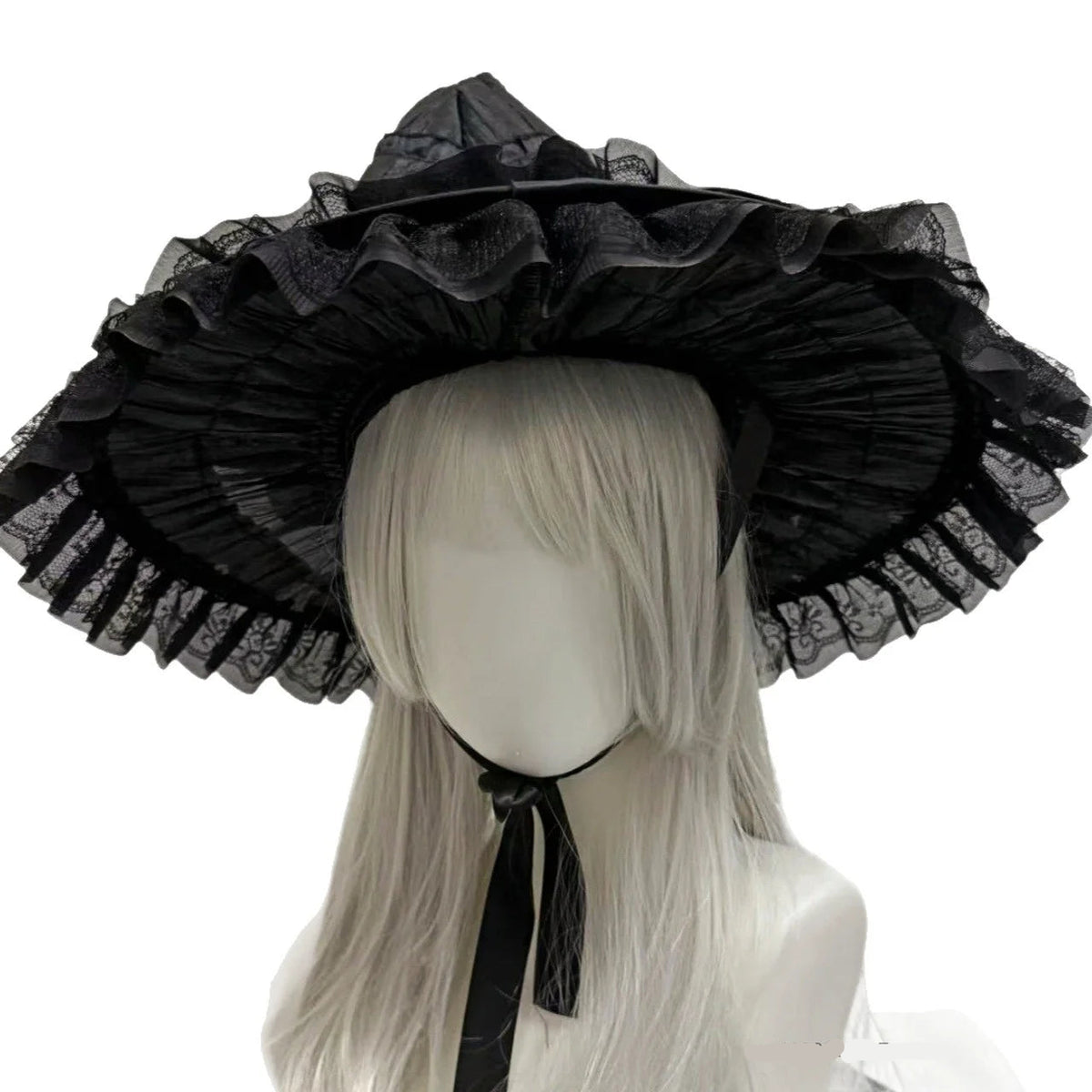 Gothic Witch's Hat Black Ruffled Lace Rose Bow Ribbon Halloween Party Cosplay Costume Props Decor