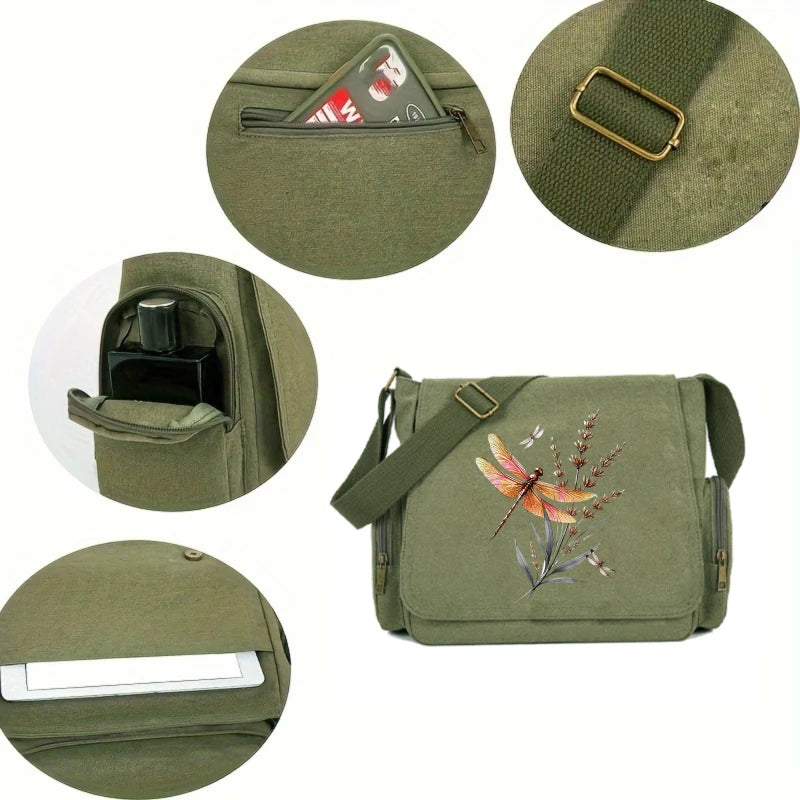 Flowers and Dragonfly Print Canvas Shoulder Bag Crossbody Messenger Bag