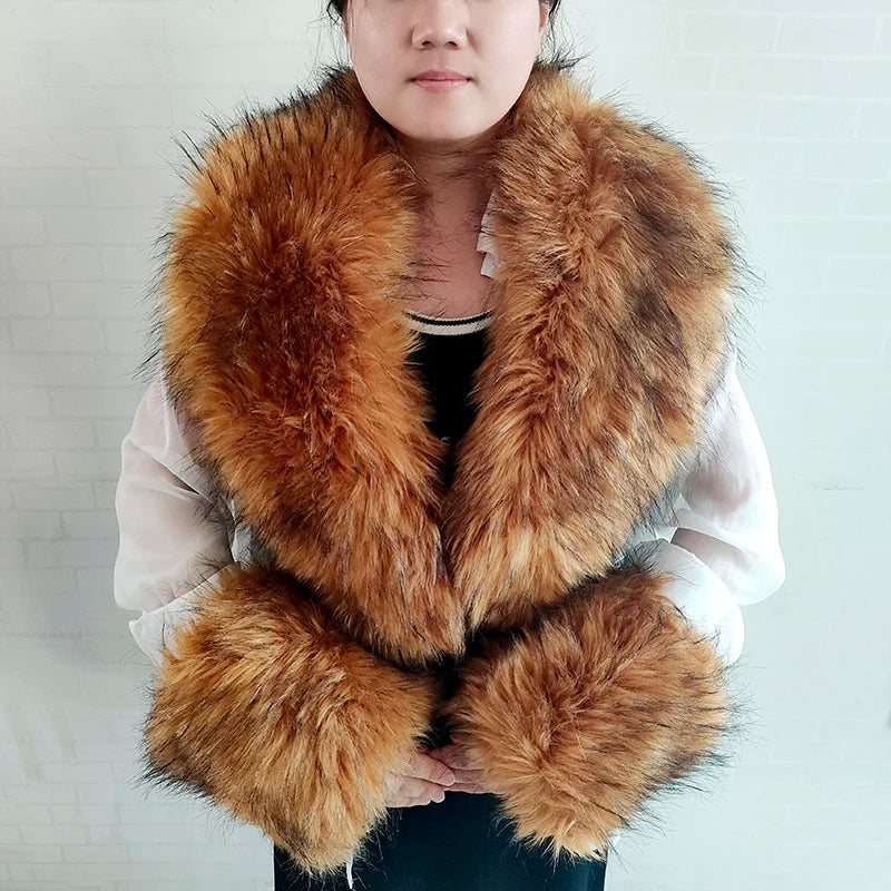 Large Faux Fox Fur Scarf Winter Warm Fluffy Collar And Cuff Sets 19 Colours