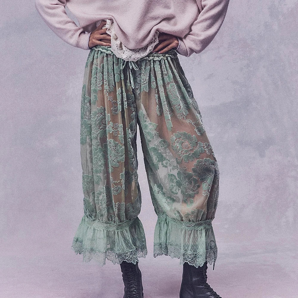 Velvet Lace Sheer Long Bloomers Floral Ruffle Pantaloons