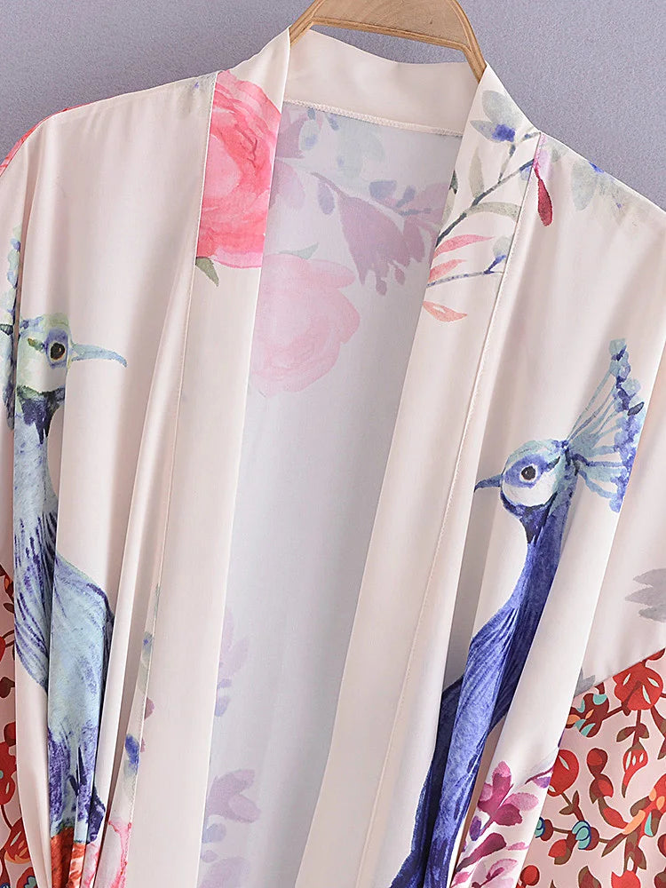 Peacock Floral Print Boho Kimono Cover-ups