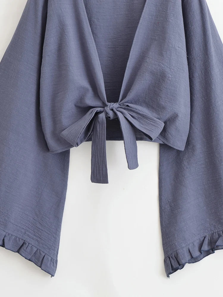 Boho Star Moon Embroidered Short Kimono Wrap Top Ruffled Flare Sleeves Cover-ups