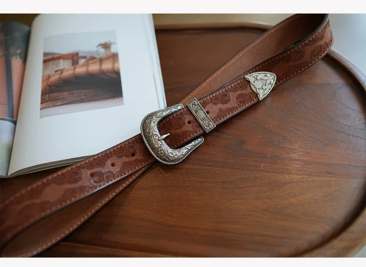 Bobby Ray's Genuine Leather Western Cowboy Court Style Embossed Steel Buckle Belt