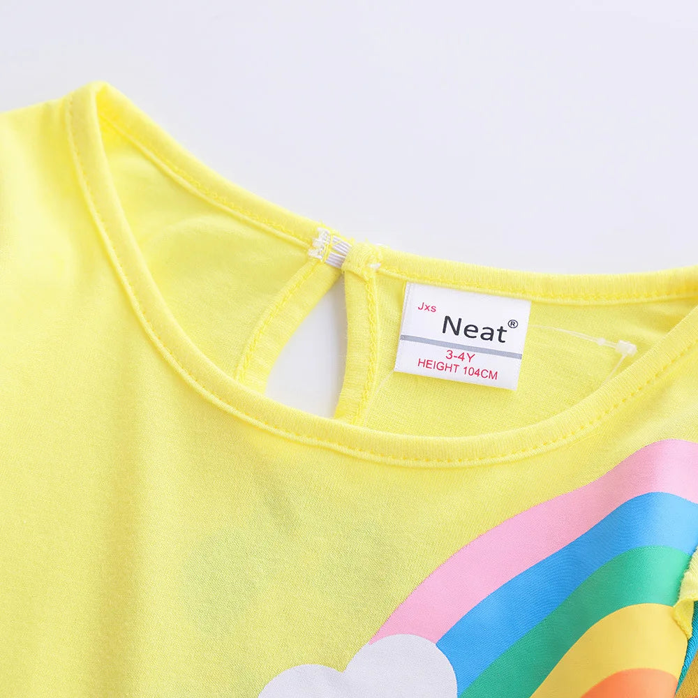 Girls' Long Sleeve Unicorn Dress Two Pockets Rainbow Sleeves